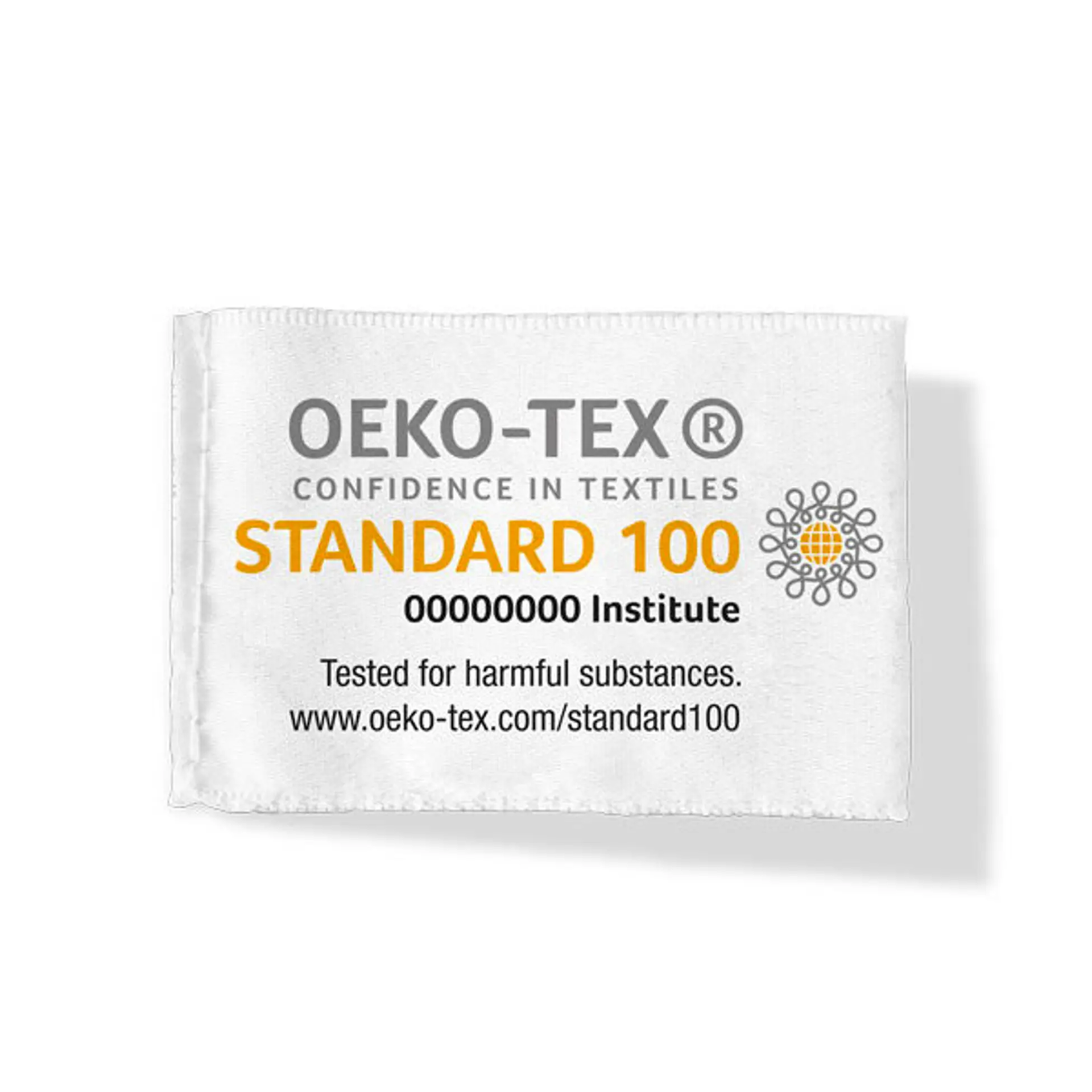 A white Oeko-TEX Standard 100 certification label card with gray and orange text, shown on a clean white background with a soft drop shadow.