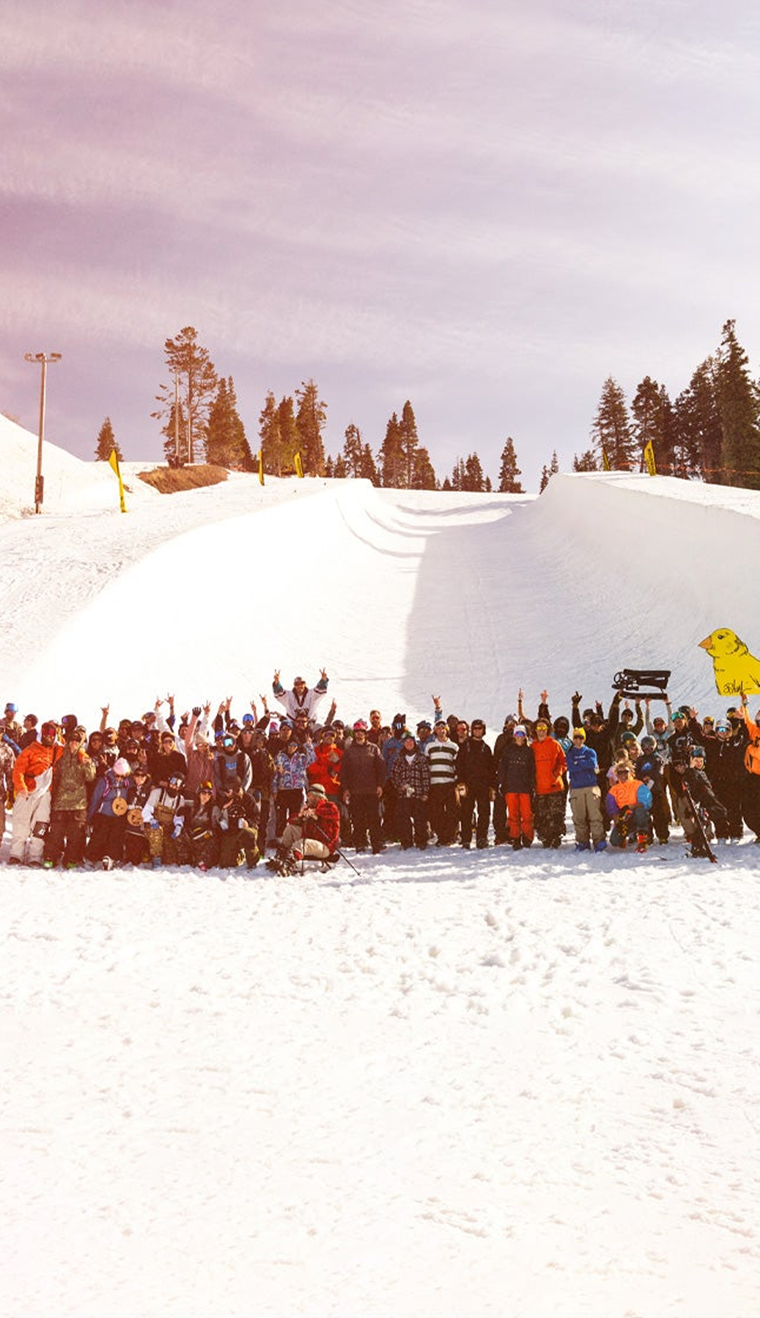 A large group of people in winter sports gear gather on a snowy slope in front of a snow halfpipe, with trees and a pale sky in the background.